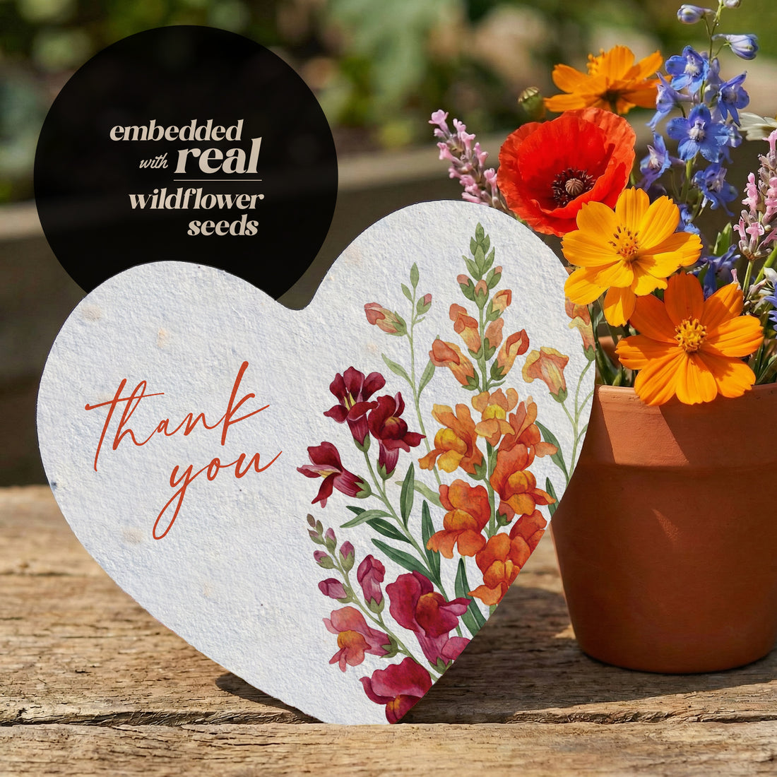 Plantable seed paper thank you tags with real wildflower seeds, eco-friendly botanical thank you cards, seed-embedded gift tags, sustainable party favors, wildflower seed paper cards