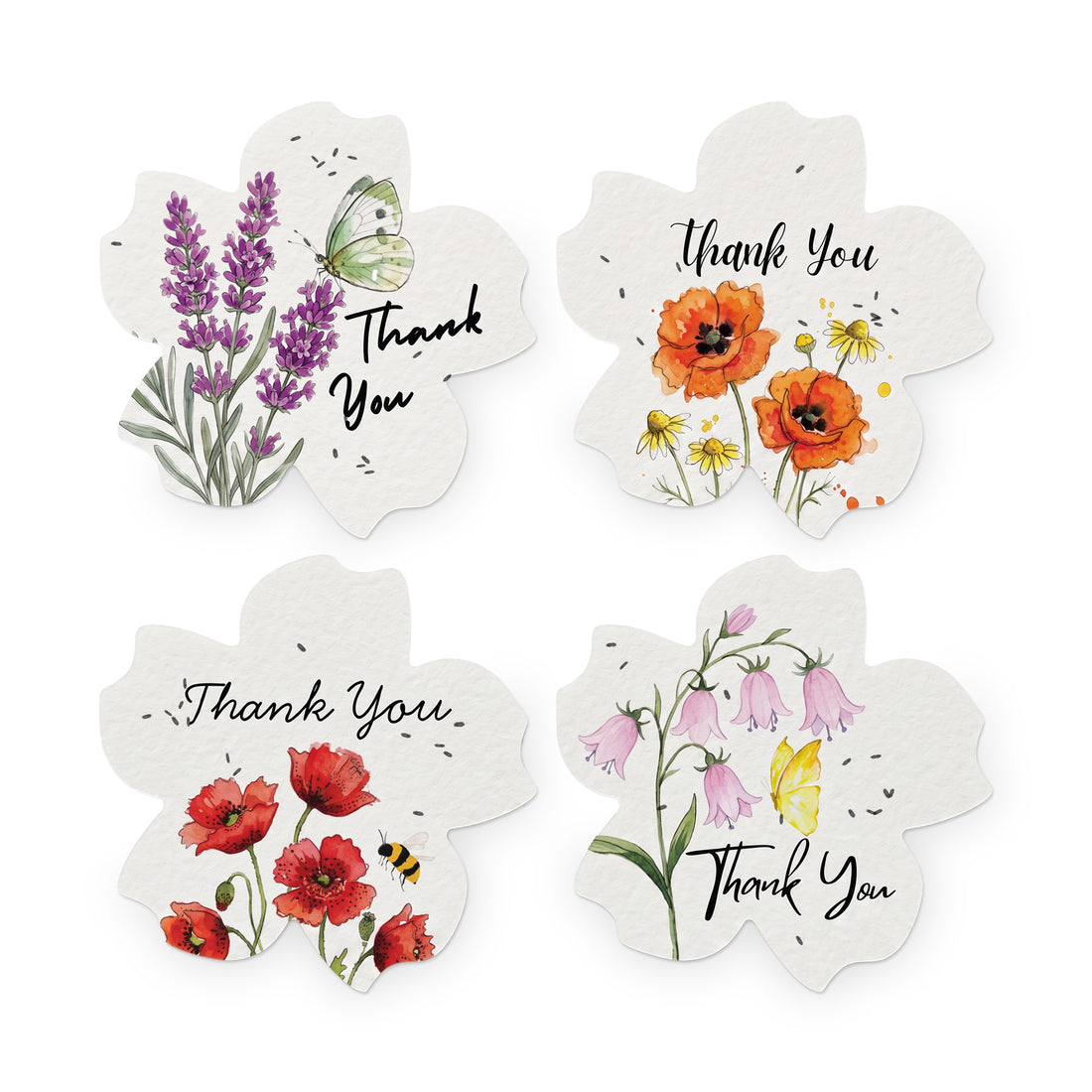 Decorative thank you tags, botanical flower gift tags, watercolor lavender and poppy tags with insects, scalloped edge thank you cards, floral stationery set