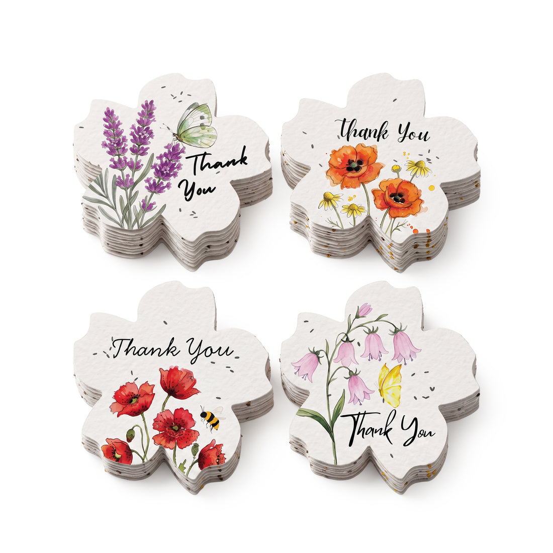 Bloom Thank You Tags - four-design set with scalloped edges featuring watercolor botanical illustrations: purple lavender with butterfly, orange poppies, red poppies with bee, and pink bell flowers, each displaying &