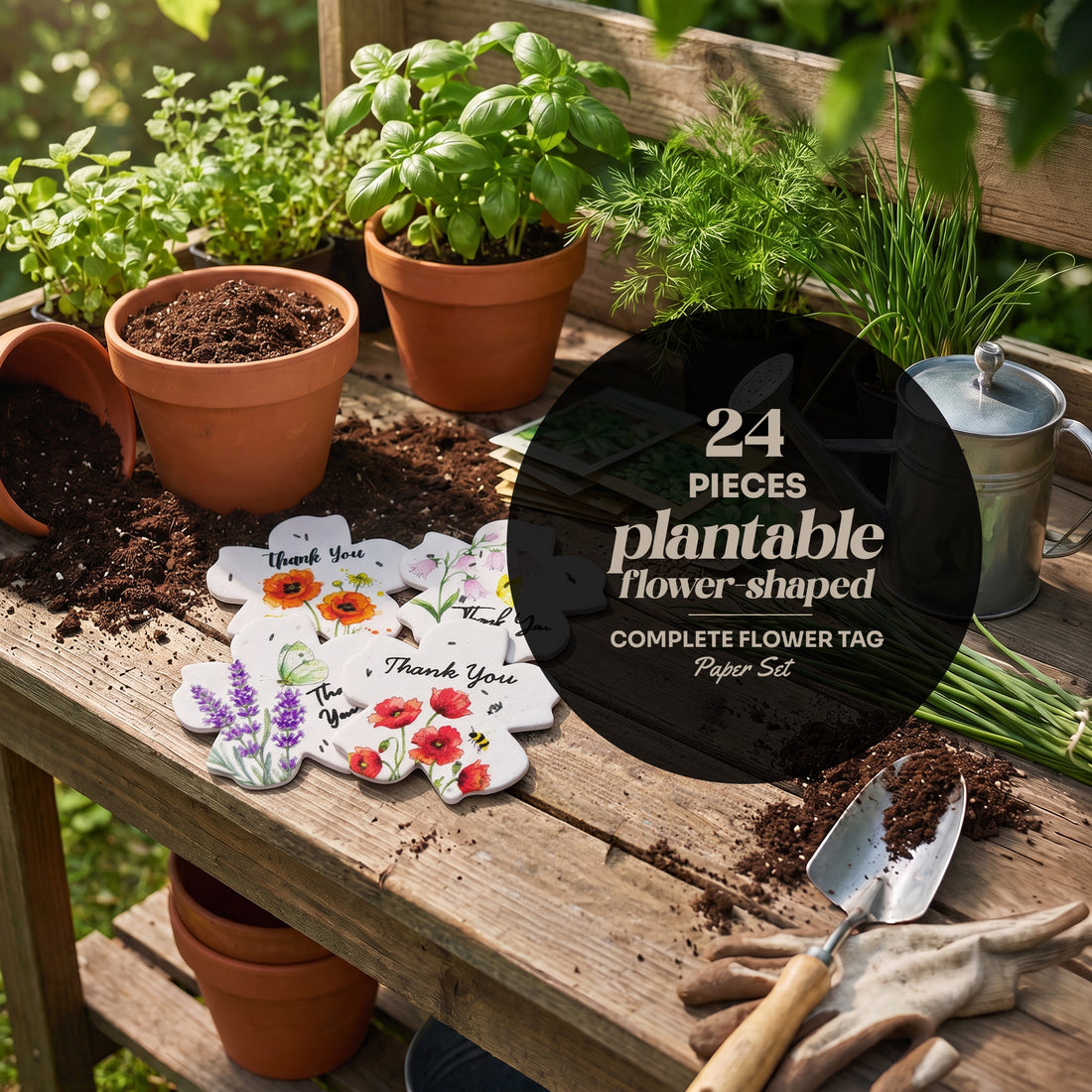 Plantable flower-shaped thank you tags 24-piece set with watercolor botanical designs displayed on wooden potting bench surrounded by terracotta pots