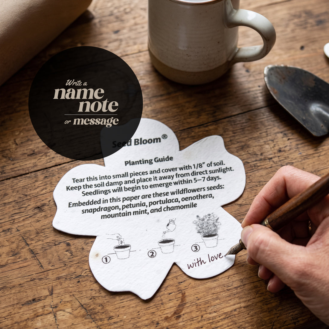 Personalized seed paper thank you tag with flower shape showing SeedBloom planting guide, illustrated step-by-step instructions