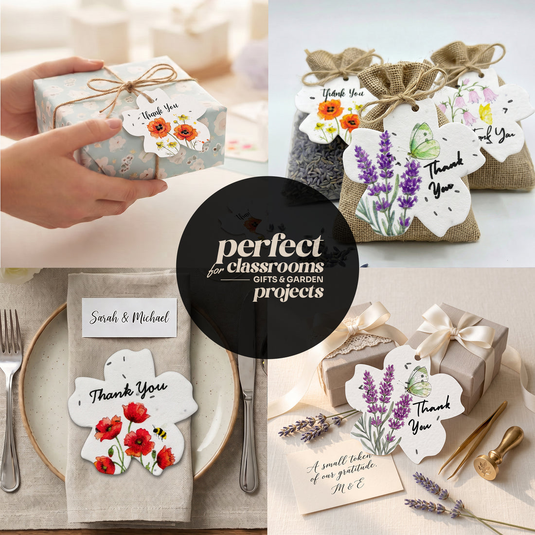 Seed paper thank you tags collage showing versatile uses for classrooms, gifts, and garden projects: scalloped flower-shaped tags with watercolor floral designs attached to wrapped gifts with twine bows