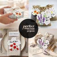 Seed paper thank you tags collage showing versatile uses for classrooms, gifts, and garden projects: scalloped flower-shaped tags with watercolor floral designs attached to wrapped gifts with twine bows