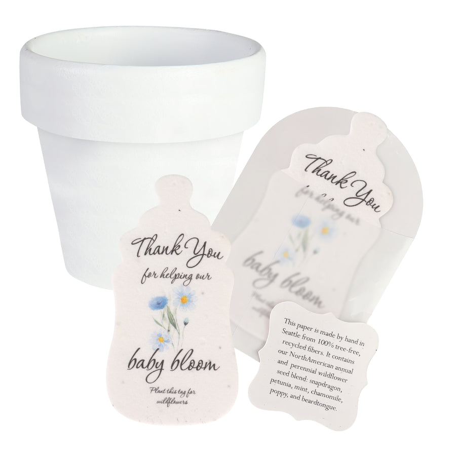 Baby Shower Bundle  5 – Blue Baby Bottle Seed Paper Favors with Terracotta Pots (30 Sets)