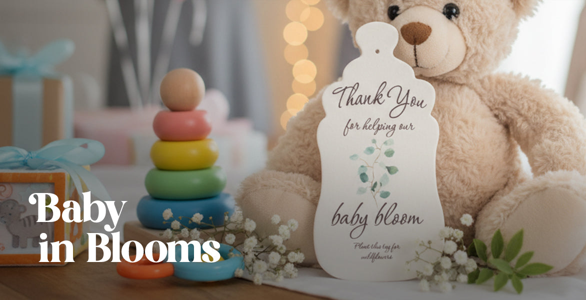 Teddy bear with a 'Thank You' card, baby shower decorations, and 'Baby in Blooms' text.