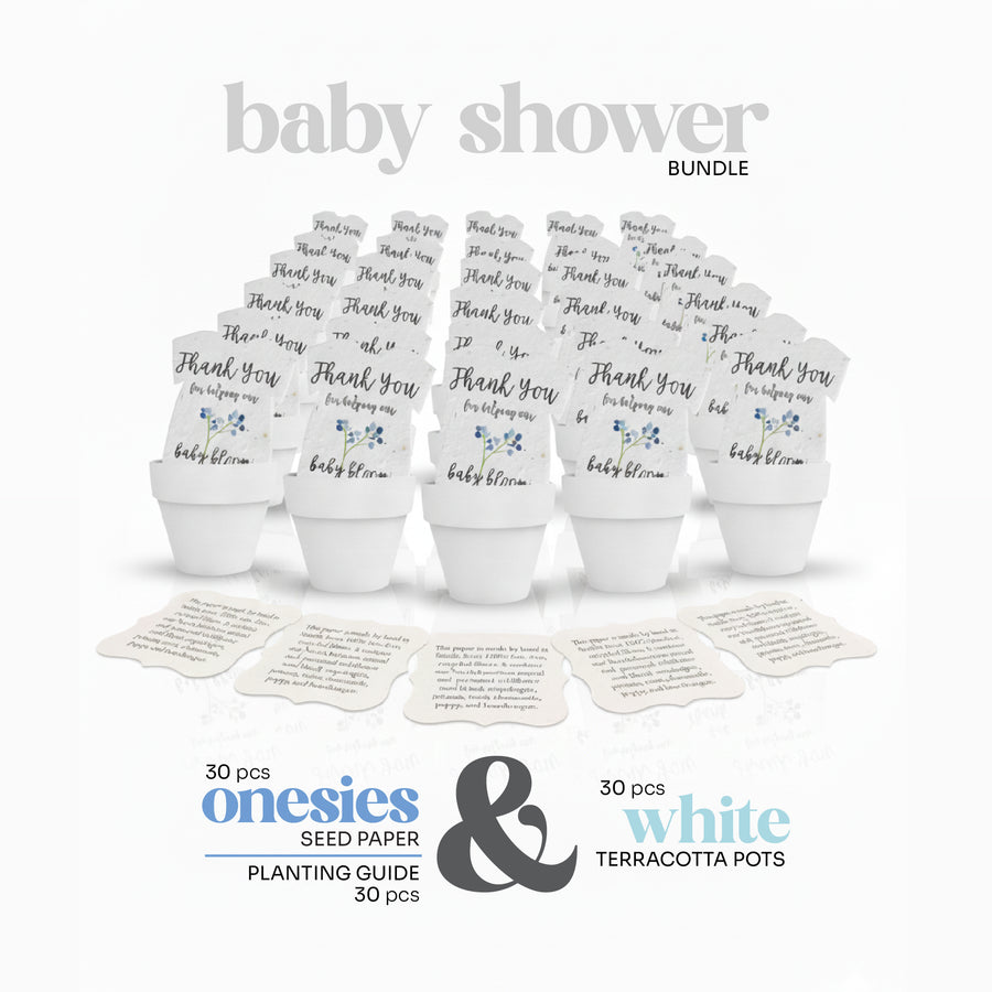 Baby shower bundle with baby bottle seed paper by Seed Bloom Gifts and terracotta pots on a white background
