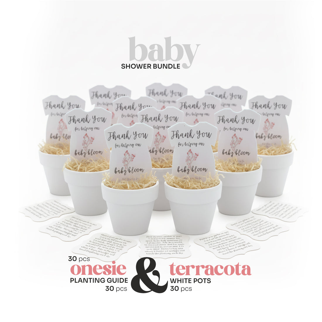 Pink onesie plantable seed paper baby shower favors by Seed Bloom Gifts with terracotta pots and onesie planters on a white background