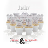 Pink onesie plantable seed paper baby shower favors by Seed Bloom Gifts with terracotta pots and onesie planters on a white background