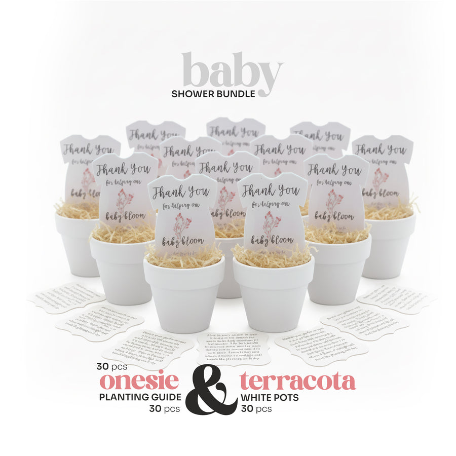 Pink onesie plantable seed paper baby shower favors by Seed Bloom Gifts with terracotta pots and onesie planters on a white background