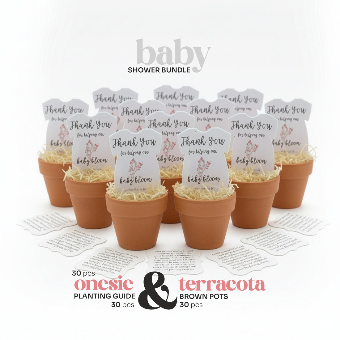30 pcs Pink onesie plantable seed paper baby shower favor by Seed Bloom Gifts bundle with terracotta pots and planting guides on a white background