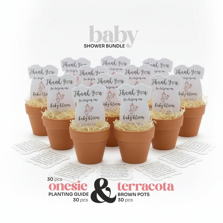 30 pcs Pink onesie plantable seed paper baby shower favor by Seed Bloom Gifts bundle with terracotta pots and planting guides on a white background