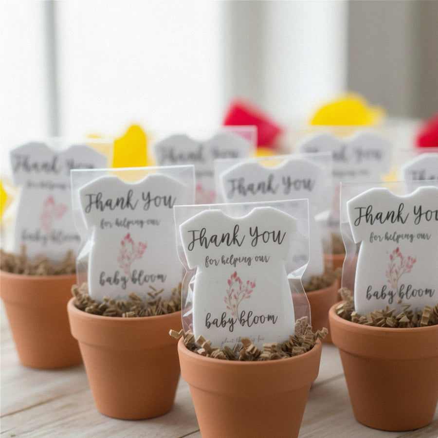 Small pot with pink onesie plantable seed paper baby shower favor by Seed Bloom Gift tags on a wooden surface