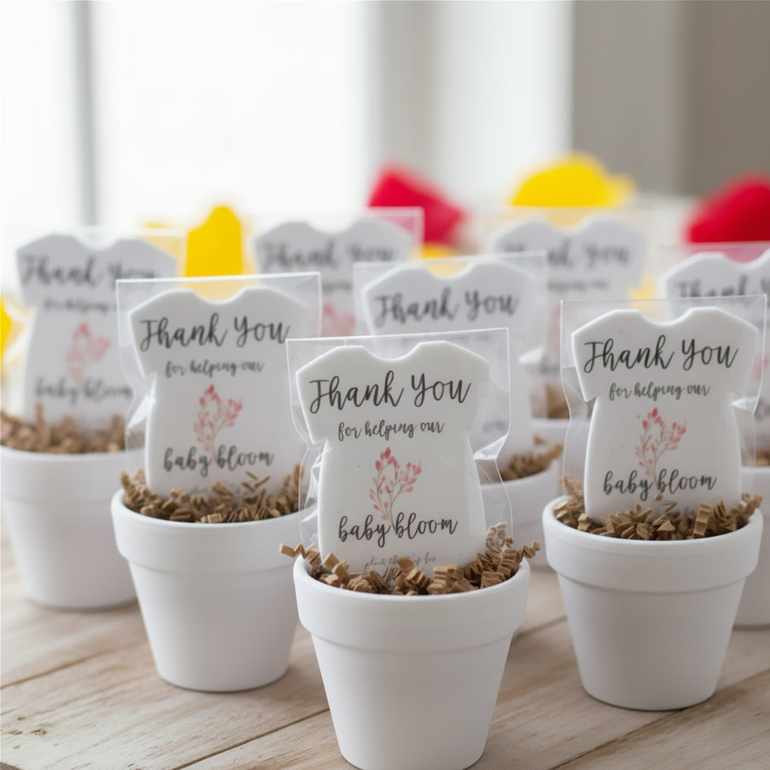 Small white pots with pink onesie plantable seed paper baby shower favor by Seed Bloom Gifts, decorative labels on a wooden surface.
