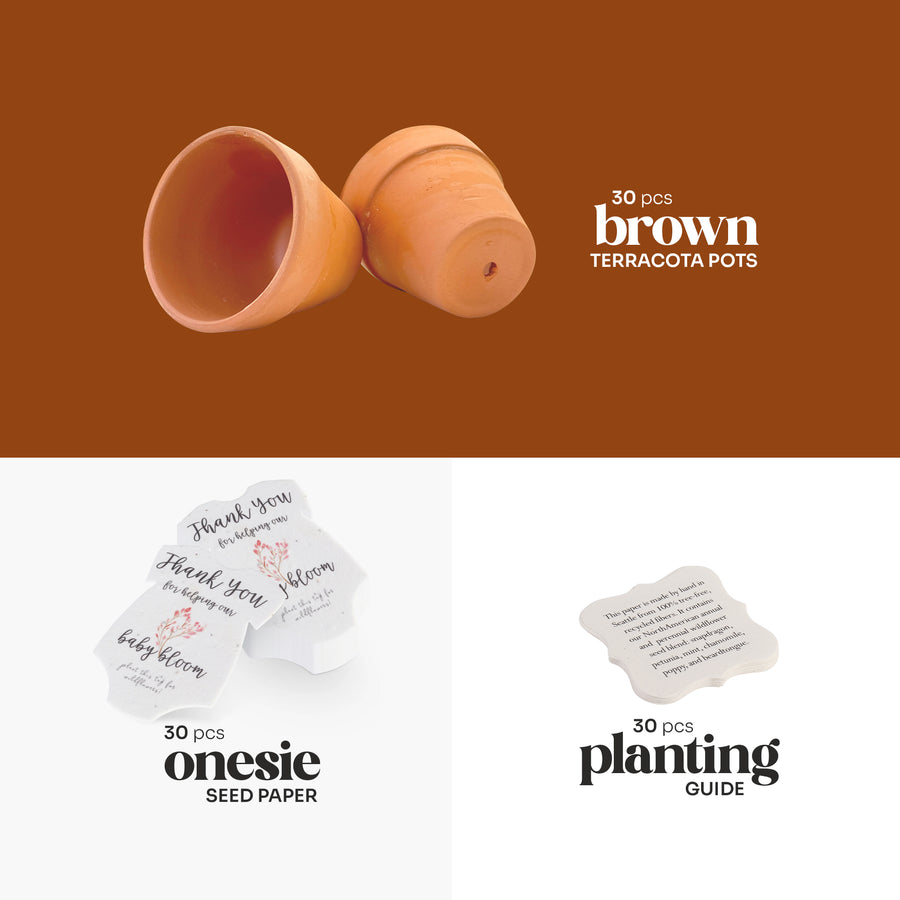 Terracotta pots, pink onesie plantable seed paper baby shower favor by Seed Bloom Gifts, and planting guide on a brown and white background