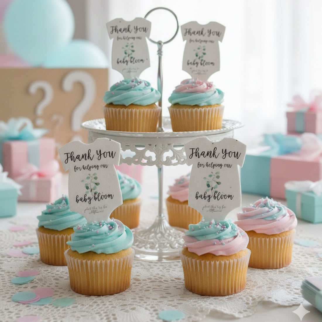 Cupcakes topped with pink and blue frosting are displayed on a tiered stand. Each cupcake features a gender neutral green onesie plantable seed paper baby shower favor by Seed Bloom gifts used as a topper, reading &