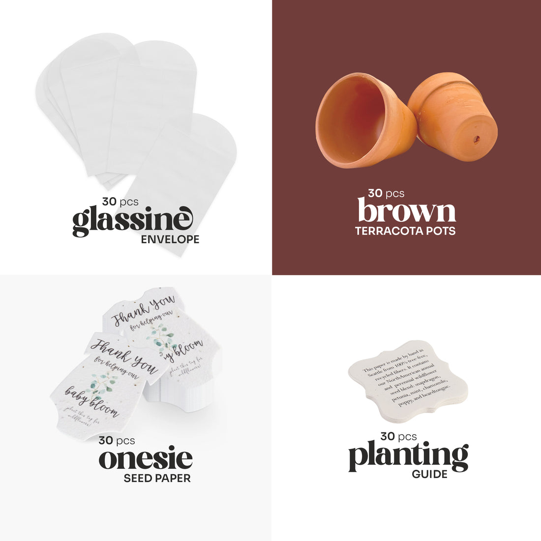 Four-panel image showing a Gender Neutral Green Baby Shower Plantable Seed Paper by Seed Bloom Gifts bundle breakdown. Top left: 30 pcs glassine envelopes. Top right: 30 pcs brown terracotta pots. Bottom left: 30 pcs onesie seed paper printed with &