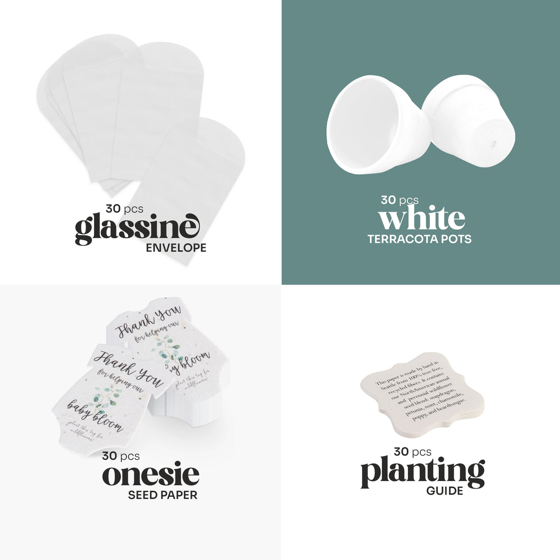 Close-up of a white terracotta pot next to a plantable seed paper onesie with "Thank you for helping our baby bloom" and a card detailing the wildflower seed blend. This is the gender neutral green onesie plantable seed paper baby shower favor by Seed Bloom gifts.