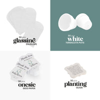 Close-up of a white terracotta pot next to a plantable seed paper onesie with "Thank you for helping our baby bloom" and a card detailing the wildflower seed blend. This is the gender neutral green onesie plantable seed paper baby shower favor by Seed Bloom gifts.