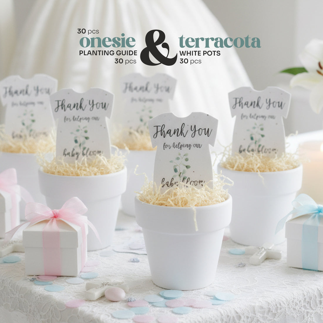 Staged photo of five white terracotta pots holding gender neutral green onesie plantable seed paper baby shower favors by Seed Bloom gifts and planting guides. The scene is decorated with pink and blue confetti and small gift boxes.