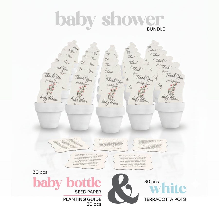 Baby shower  baby bottles seed paper bundle by Seed Bloom gifts   and terracotta pots on a white background