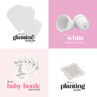 Collection of baby-themed items including glassine envelopes, white terracotta pots, baby bottle seed paper, baby shower favor by Seed Bloom Gifts and a planting guide on a pink and white background.