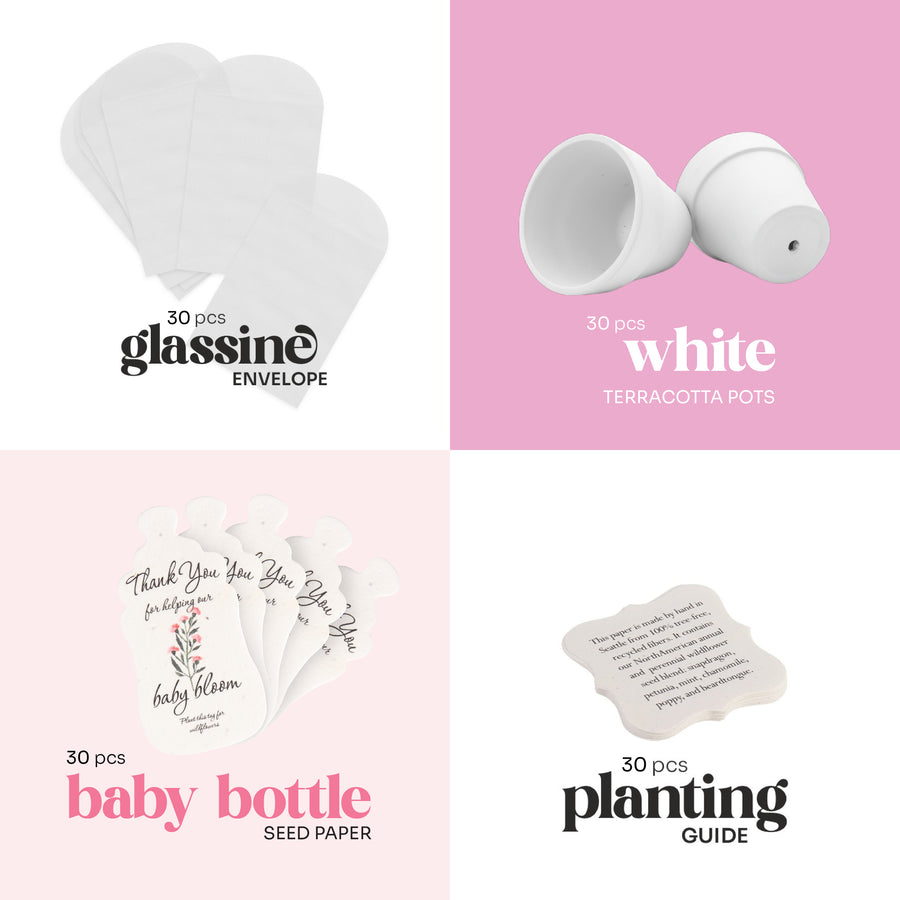 Collection of baby-themed items including glassine envelopes, white terracotta pots, baby bottle seed paper, baby shower favor by Seed Bloom Gifts and a planting guide on a pink and white background.