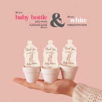 Three white baby bottle-shaped baby shower seed paper by Seed Bloom Gifts with 'Thank you for helping me bloom' text, held in a hand against a pink background.