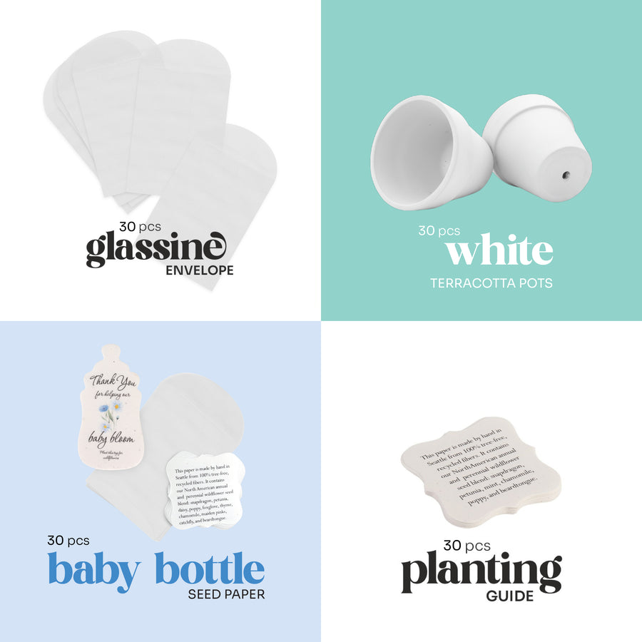 Set of 30pcs baby shower favor items by Seed Bloom Gifts, including glassine envelopes, white terracotta pots, baby bottle seed paper, and planting guide on a gradient background.
