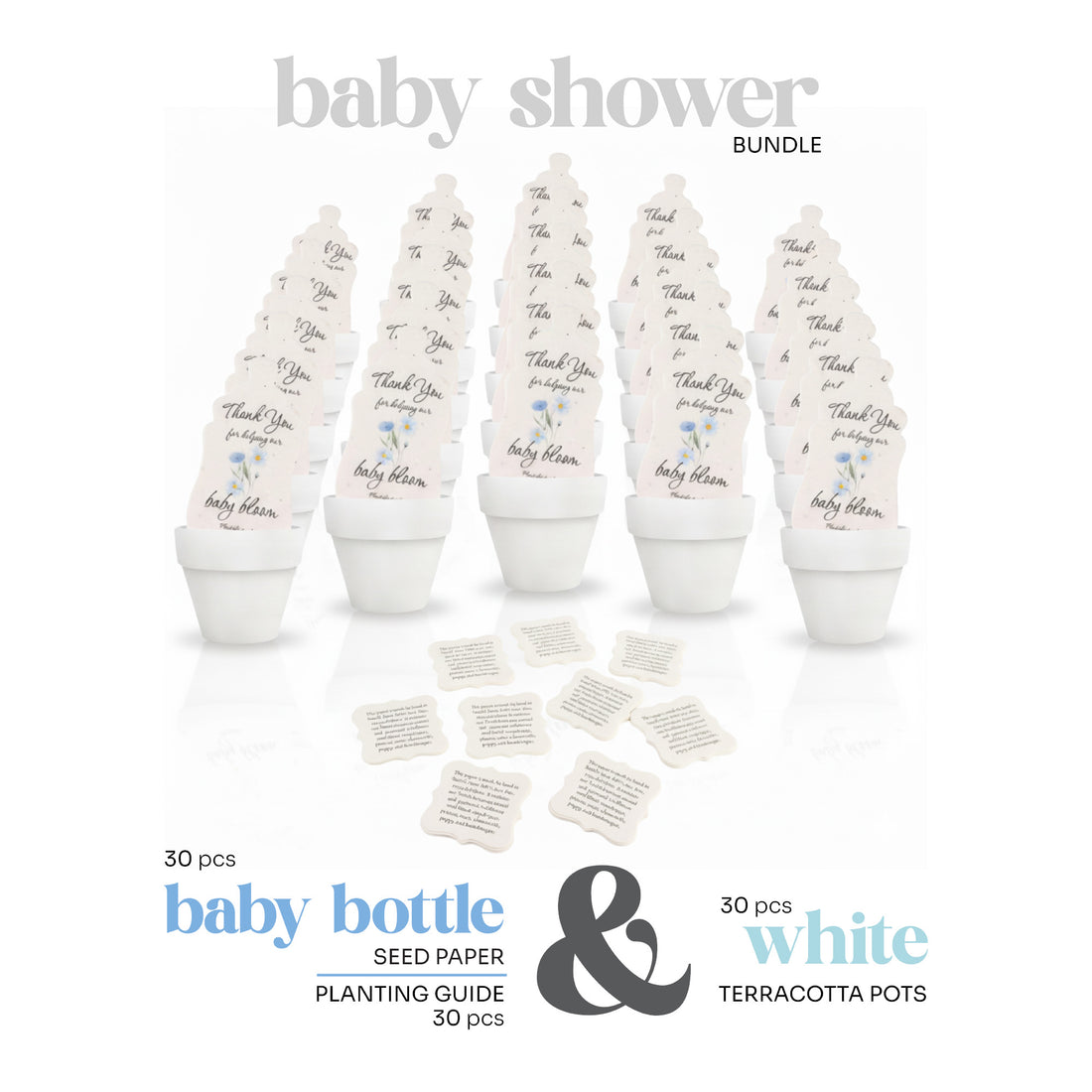 30pcs Baby shower bundle with seed paper by Seed Bloom Gifts, terracotta pots, and plantable labels on a white background.