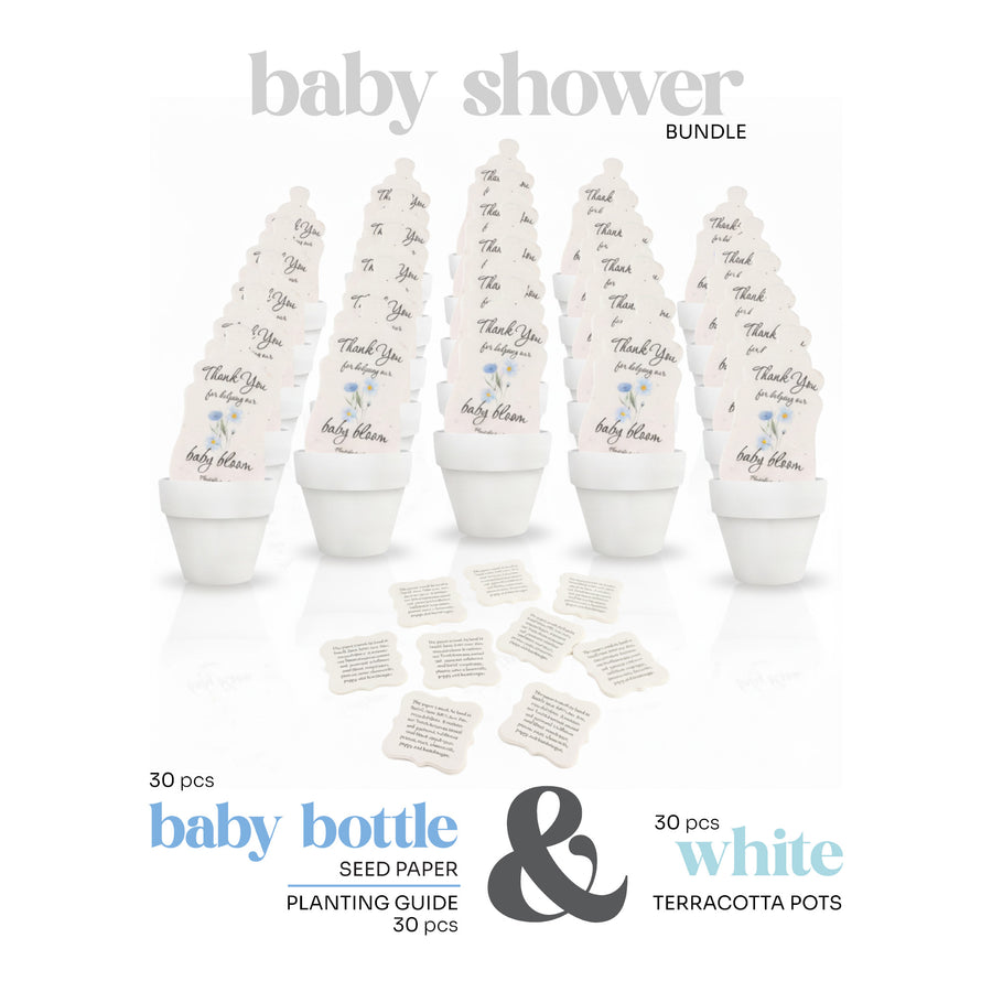30pcs Baby shower bundle with seed paper by Seed Bloom Gifts, terracotta pots, and plantable labels on a white background.