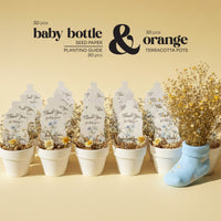 Baby bottle seed paper by Seed Bloom Gifts and terracotta pots with plants on a beige background