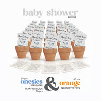 Baby shower bundle with baby bootle seed paper by Seed Bloom gifts, pots and white and orange terracotta pots on a white background