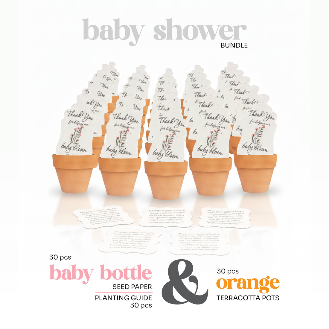 Baby shower favor seed paper  bundle by Seed Bloom Gifts with seed paper bottles and terracotta pots on a white background