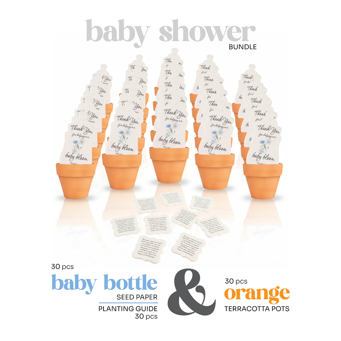 Baby shower seed paper bundle by Seed Bloom Gifts with s terracotta pots on a white background