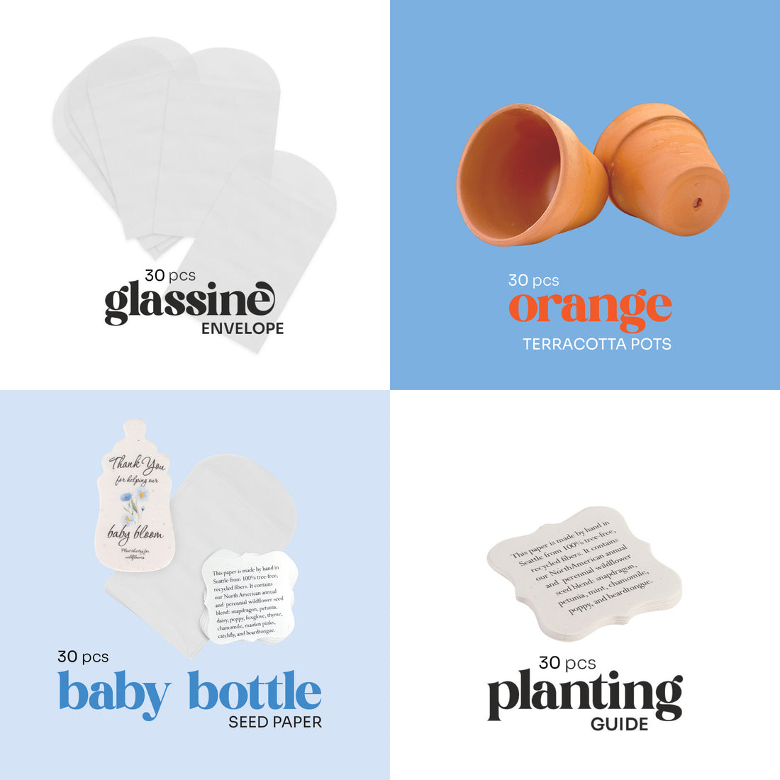 Collection of items including 30pcs each of glassine envelopes, orange terracotta pots, baby bottle seed paper by Seed Bloom Gifts, and a planting guide on a blue background.