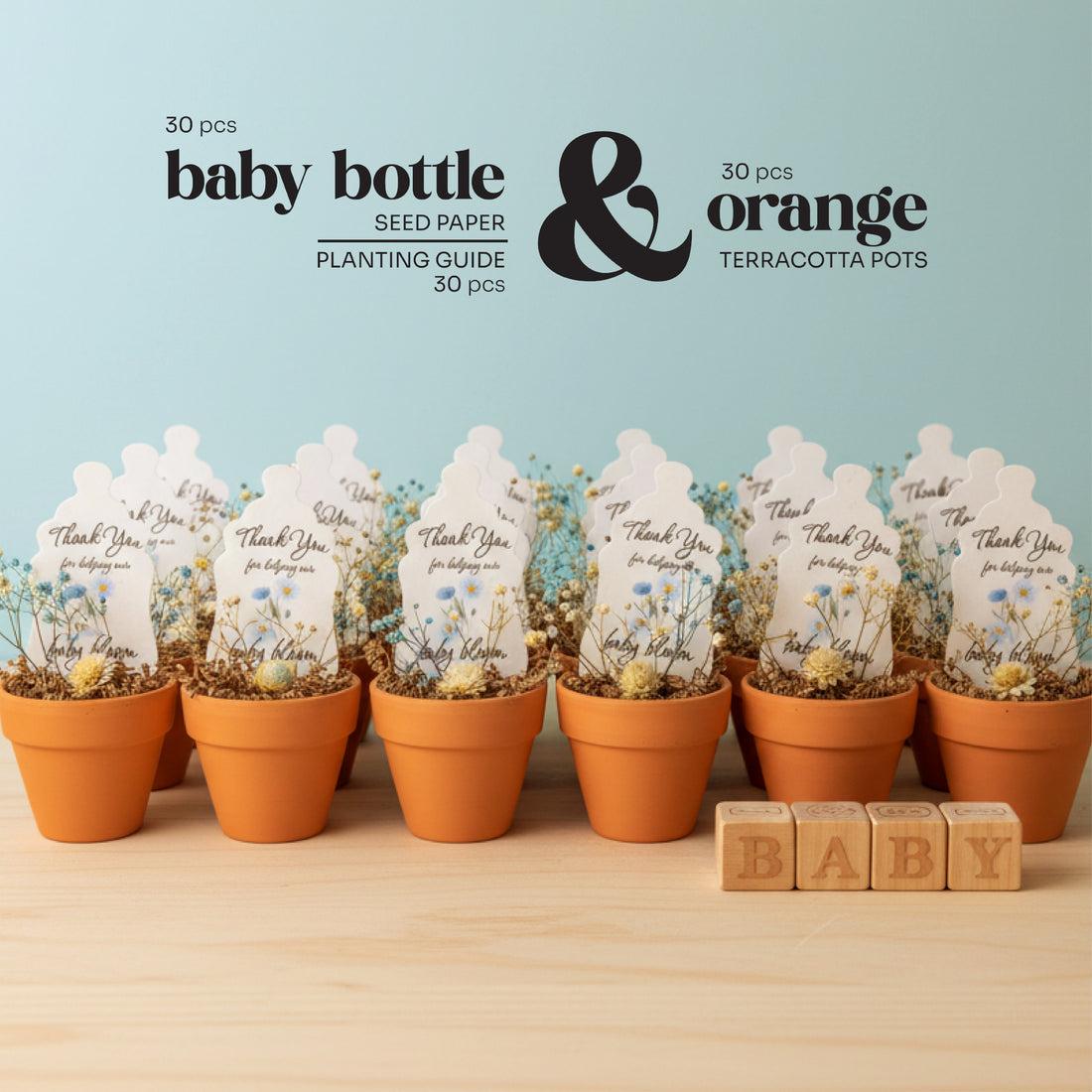 Set of terracotta pots with baby bottle seed paper by Seed Bloom Gifts  and wooden blocks on a light blue background