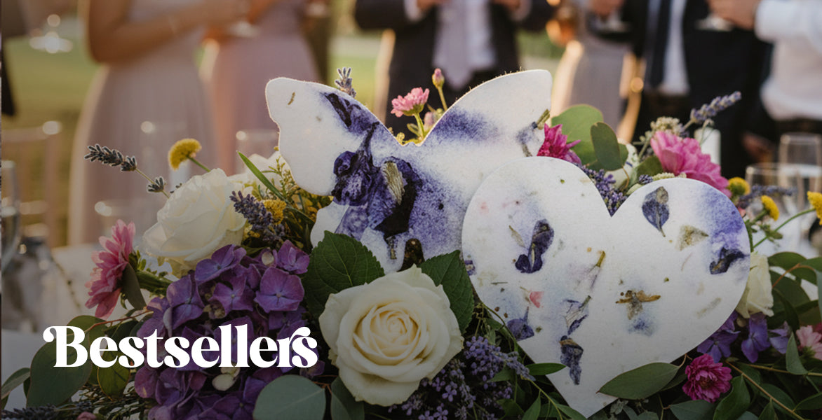 Floral arrangement with butterfly decorations and 'Bestsellers' text overlay