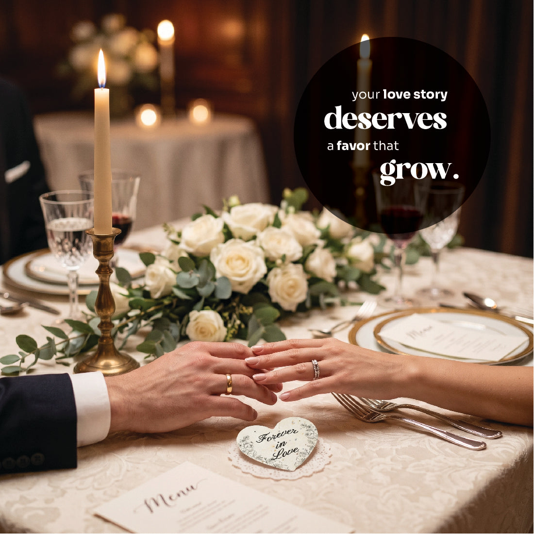 Elegant wedding table with heart-shaped plantable seed paper favor and couple exchanging rings at romantic dinner celebration