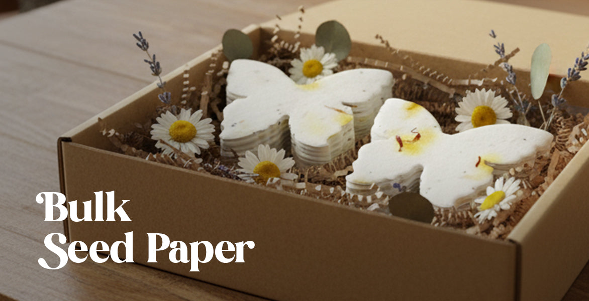 White seed paper flowers on a green background with text 'Bulk Seed Paper by Seed Bloom GIfts