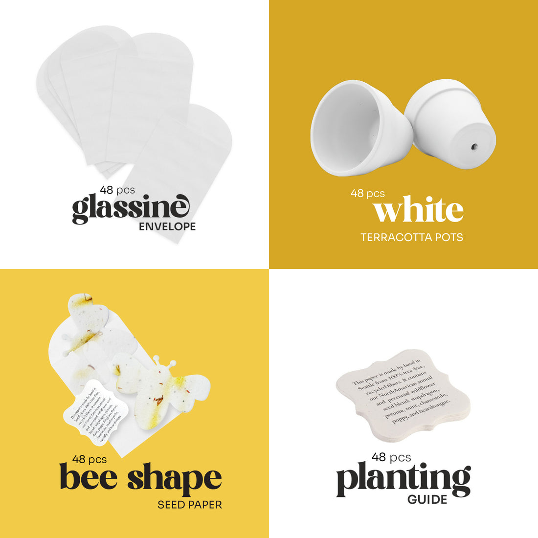 Set of white glassine envelopes, terracotta pots, Bee Shaped Seed Paper Baby Shower Favor By Seed Bloom Gifts, and planting guide on a yellow background.