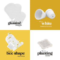 Set of white glassine envelopes, terracotta pots, Bee Shaped Seed Paper Baby Shower Favor By Seed Bloom Gifts, and planting guide on a yellow background.