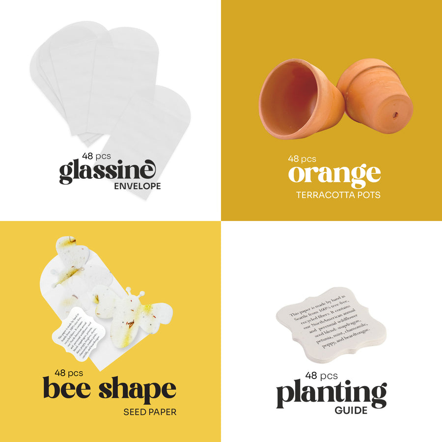 Collection of items including glassine envelopes, terracotta pots,Bee Shaped Seed Paper Baby Shower Favor By Seed Bloom Gifts, and a planting guide on a yellow background.