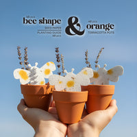 Bee Shaped Seed Paper Baby Shower Favor By Seed Bloom Gifts with terracotta pots held by hands against a blue sky background.