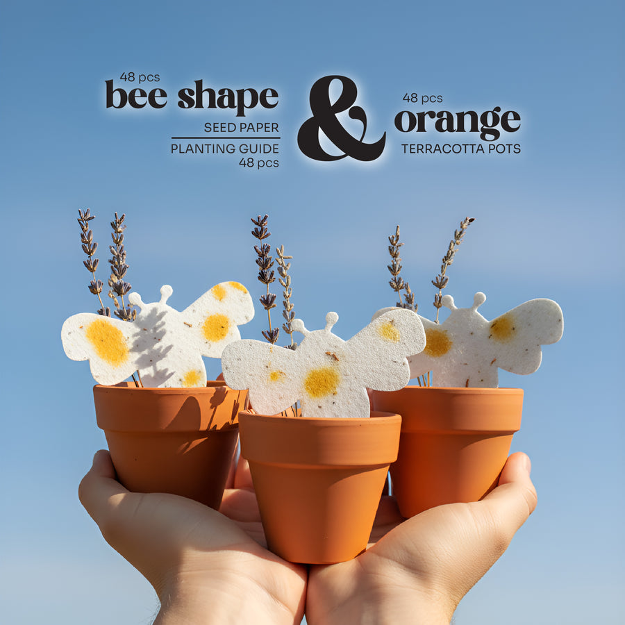 Bee Shaped Seed Paper Baby Shower Favor By Seed Bloom Gifts with terracotta pots held by hands against a blue sky background.