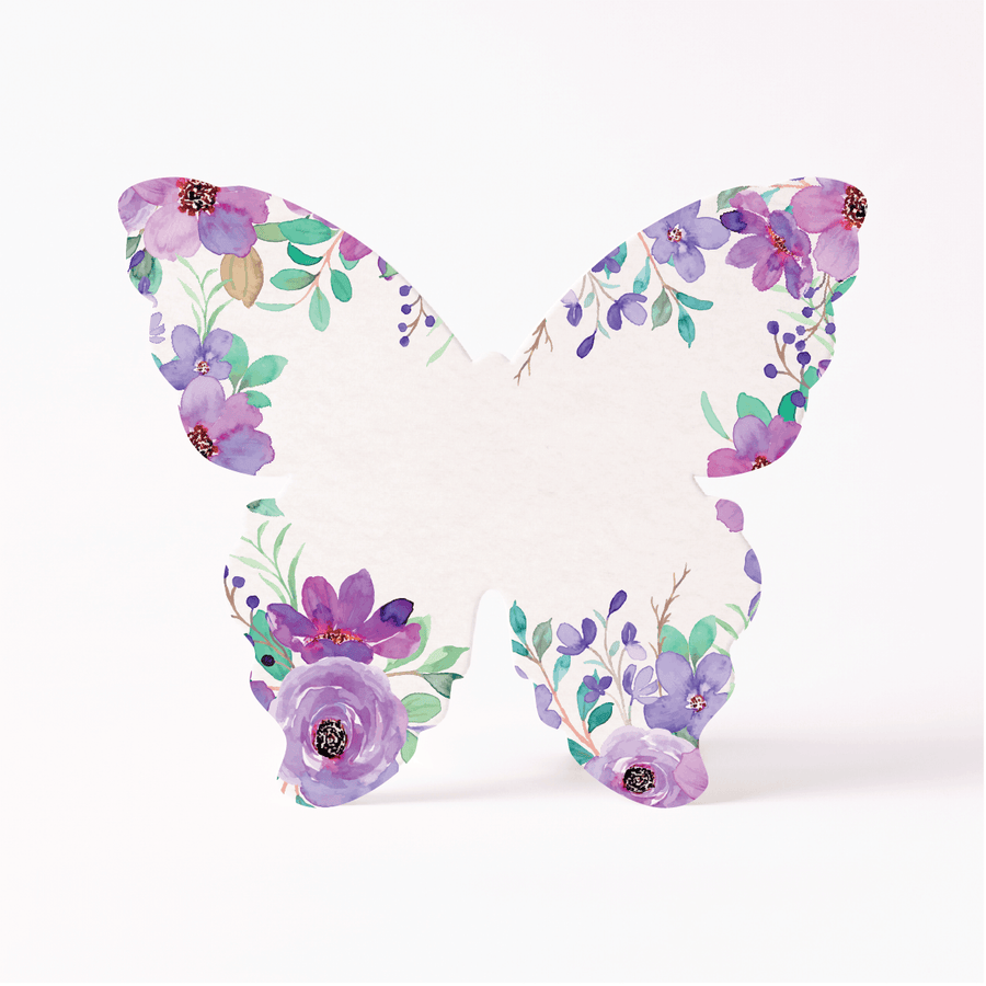 Customizable funeral favors in butterfly shape with purple and lavender watercolor flowers around the wing edges, blank center to personalize