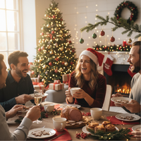 People celebrating Christmas with a decorated tree and fireplace in the background.