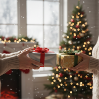 Two people exchanging Christmas gifts with a decorated tree in the background