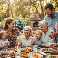 Family enjoying a meal outdoors with trees and flowers in the background