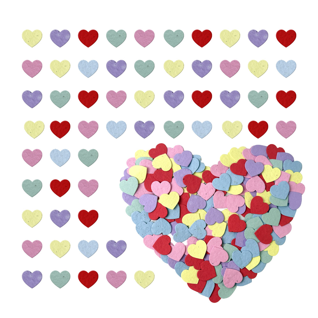 Colorful heart-shaped confetti on a white background