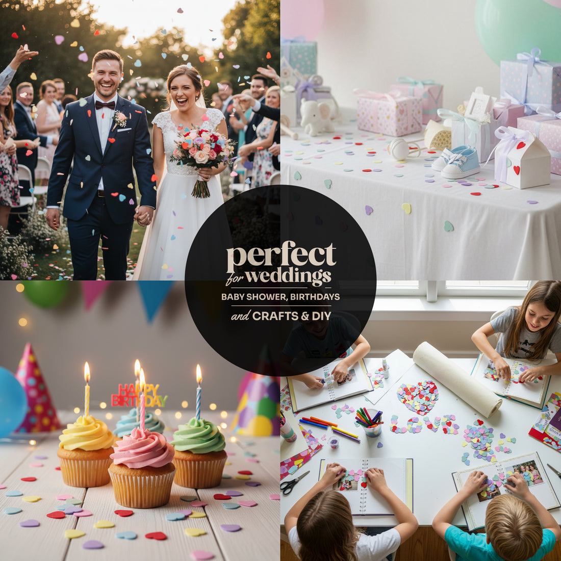 Collage of wedding couple, guests throwing plantable confetti hearts, baby shower, birthday party, and craft activities with &